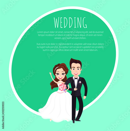 Portrait view of married groom and bride characters, woman in dress holding bouquet and embracing man wearing suit, wedding template invitation card. Vector illustration in flat cartoon style