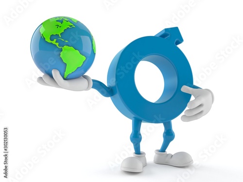 Male gender symbol character holding world globe