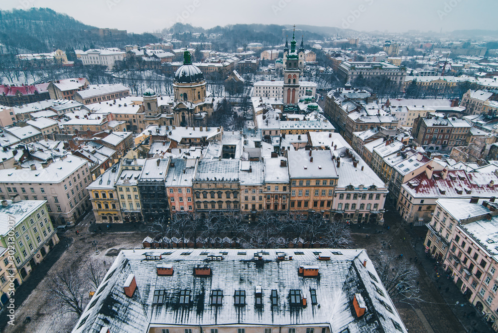 cityscape view of old european city at winter time