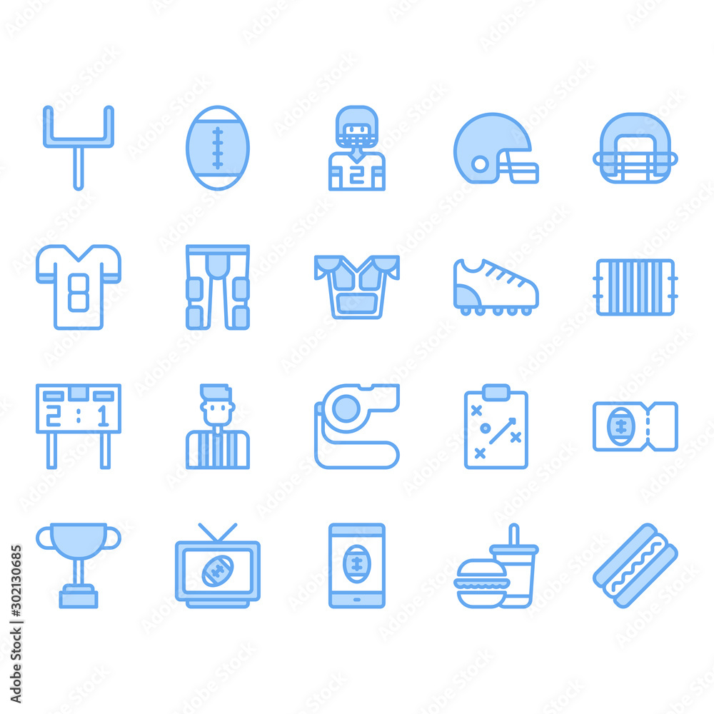 American football equipments and activities icon and symbol set. American football equipments and activities icon and symbol set.