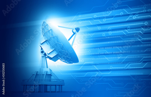 Satellite dish transmission data on abstract technology background. 3d illustration