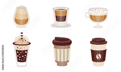 Coffee drinks in transparent glasses. Vector illustration.