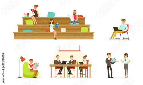 People read books  documents and work on a laptop. Vector illustration.