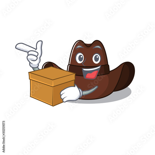 Cheerful on cowboy hat with bring box cartoon character