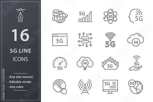 5g line icons set. Black vector illustration. Editable stroke.