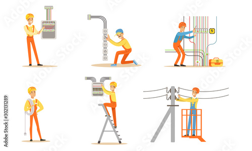 Electrician in uniform is working. Vector illustration.