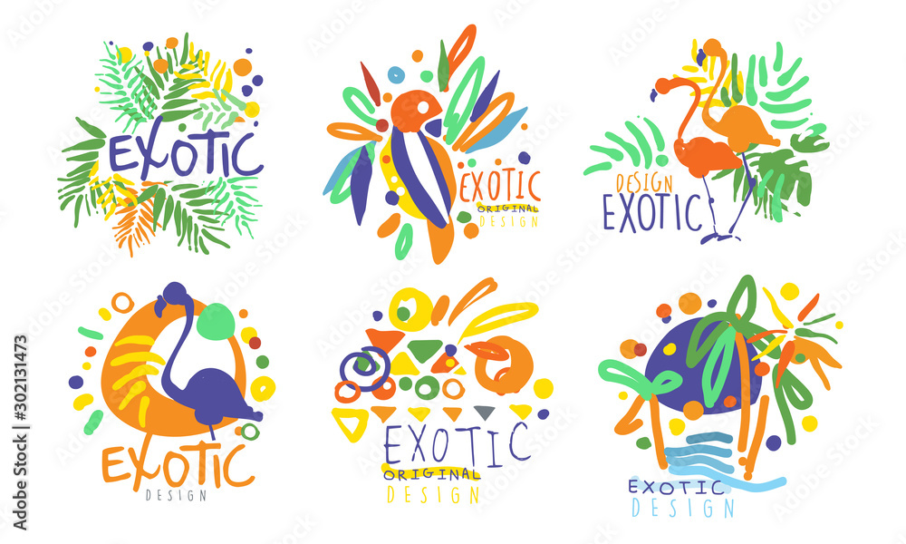 Set of contour logos with lettering and exotic objects. Vector illustration. Set of contour logos with lettering and exotic objects. Vector illustration.