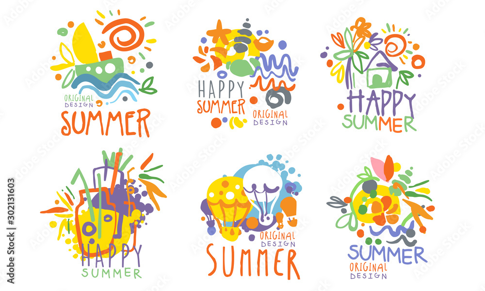 Minimalistic summer pictures with lettering. Vector illustration.
