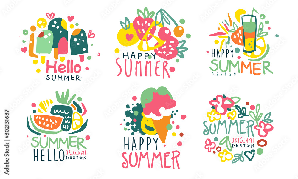 Set of summer logos in pink with yellow and blue colors. Vector illustration. Set of summer logos in pink with yellow and blue colors. Vector illustration.