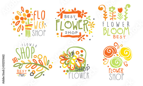 Set of contour logos for a flower shop. Vector illustration.