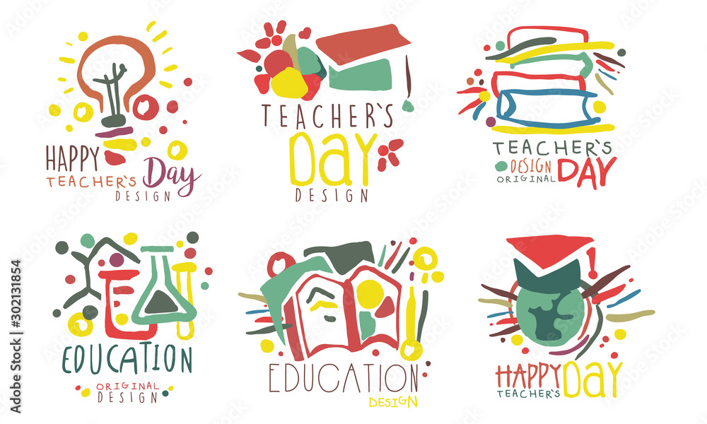 Set of minimalistic logos for celebrating teacher s day. Vector illustration.