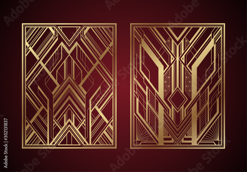 Gold art deco panels on dark red background