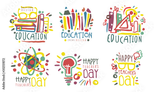 Set of outline logos for celebrating teachers day. Vector illustration.