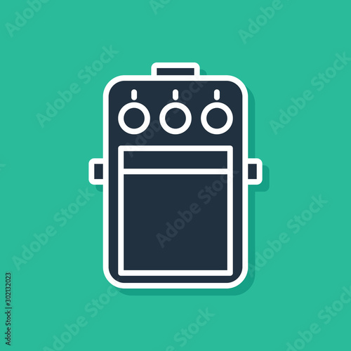 Blue Guitar pedal icon isolated on green background. Musical equipment. Vector Illustration