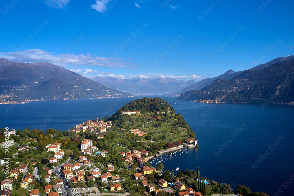 Panoramic view of Lake Como, the city of Bellagio. Aerial view. Autumn season