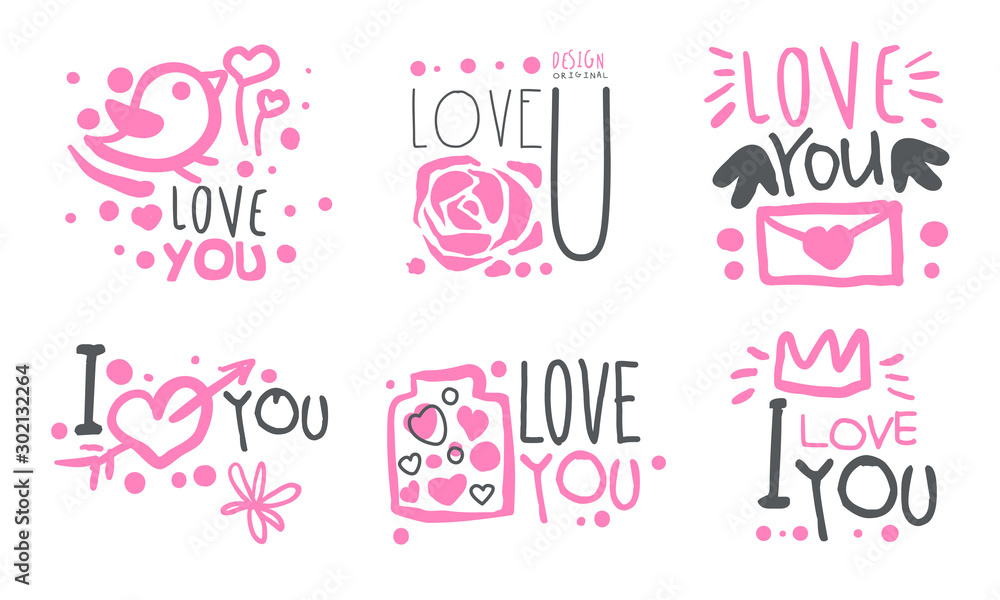 Lettering with silhouettes on the theme of declaration of love. Vector illustration.