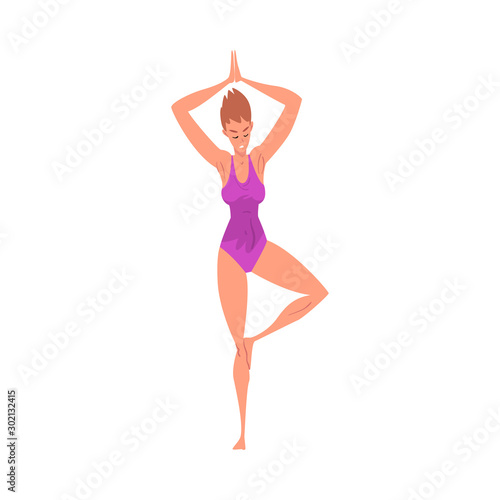 Young Woman Practicing Yoga in Tree Pose, Active Healthy Lifestyle Vector Illustration