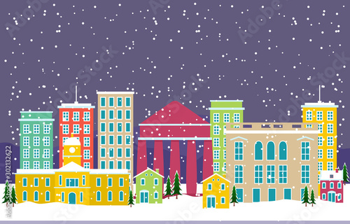 Winter Snow in Athens City Cityscape Skyline Landmark Building Illustration