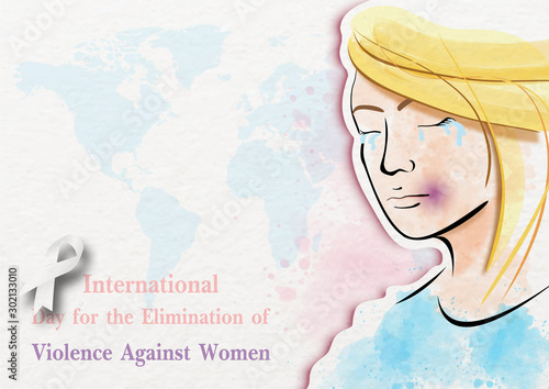 Beautiful cartoon character woman crying from be hurt with bruise and "International day for the elimination of Violence Against Women" wording with watercolor on white paper pattern background