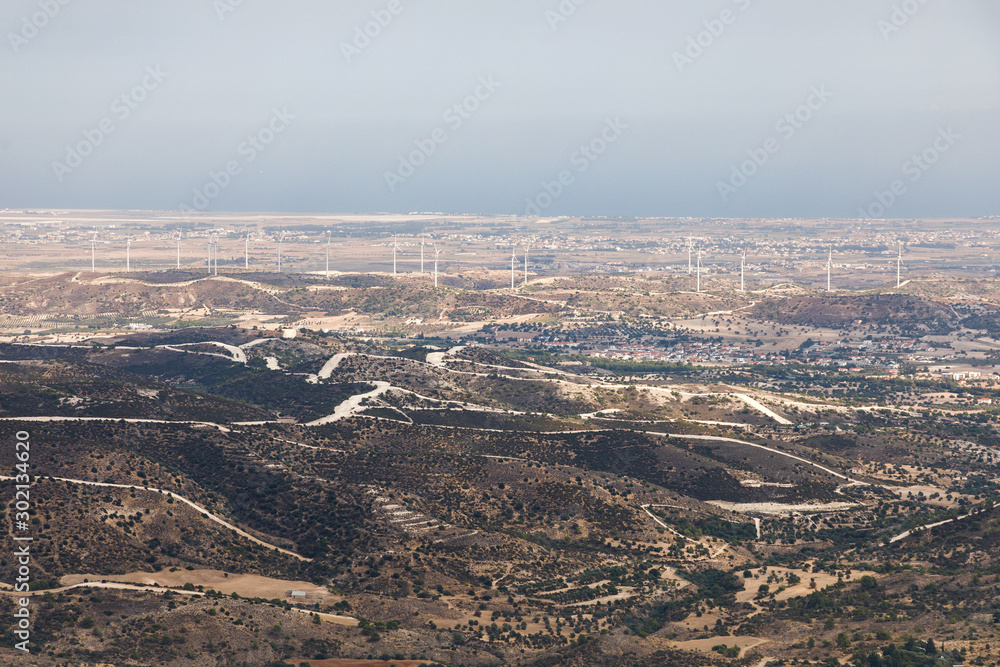 Windmills in the valley of Cyprus, aerial view