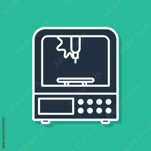 Blue 3D printer icon isolated on green background. Vector Illustration