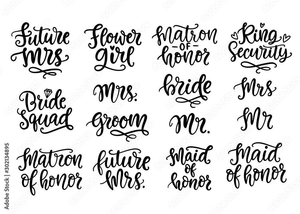 Fototapeta premium Wedding lettering set, modern calligraphy decoration elements collection