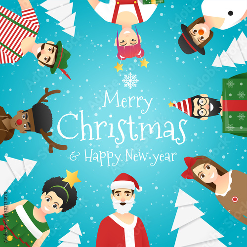 Merry Christmas and Happy New Year, group of teens in Christmas costume concept , vector, illustration
