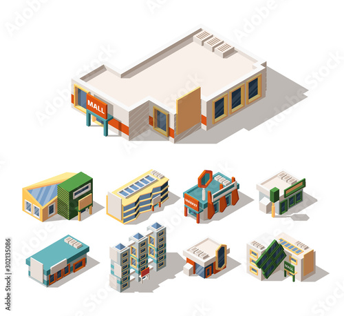 Mall exterior designs isometric 3D vector illustrations set