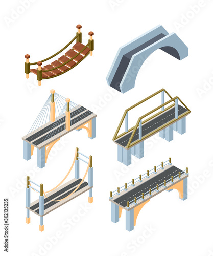 Different types of bridges isometric 3D vector illustrations set