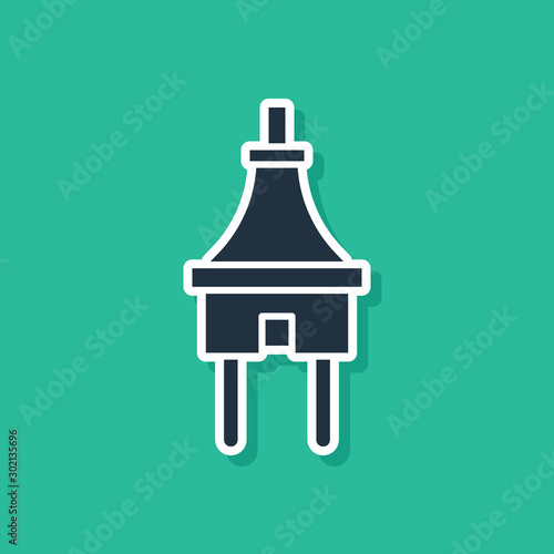 Blue Electric plug icon isolated on green background. Concept of connection and disconnection of the electricity. Vector Illustration