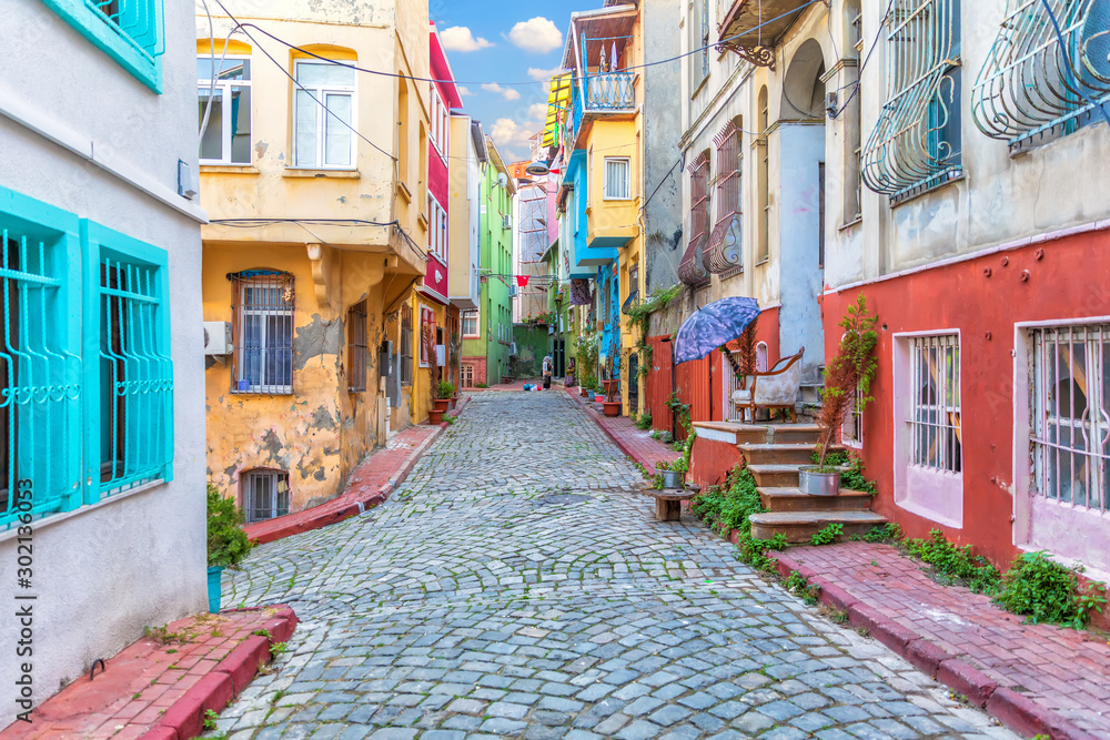 Colorful houses in Istanbul street, Fener area