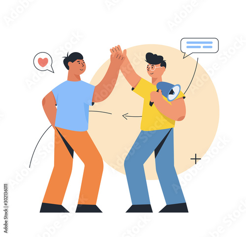 Refer a friend concept, a team work. Two man giving a high five. Referral marketing concept, promotion method for ui, web, mobile app, poster