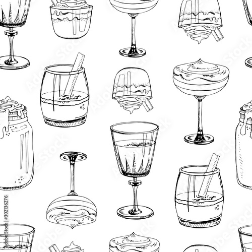 Vector illustration. Hand drawn seamless pattern with hot winter drinks isolated on white background. Eggnog. Print for New Year design. Monochrome endless texture. Black and white