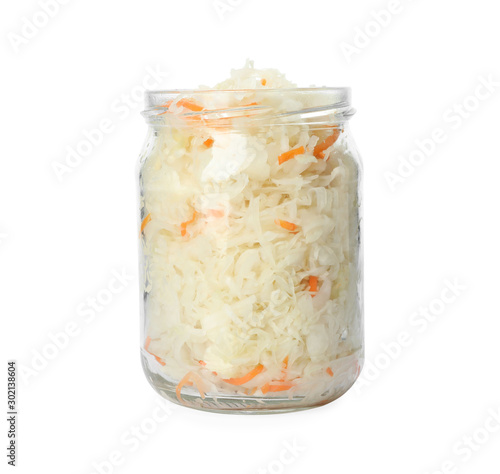 Glass jar of tasty fermented cabbage isolated on white