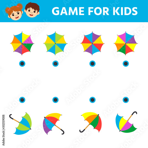 Logic puzzle game. Educational children activity.  Find matching umbrellas. Learning side and top view. Activity for  kids