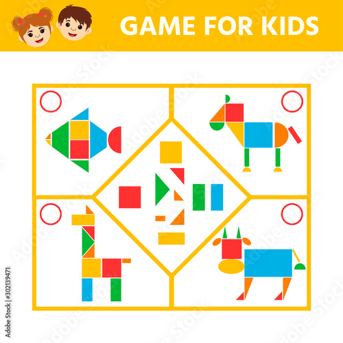 Education logic game for preschool kids. Connect the details and animals of geometric shapes. Preschool worksheet activity. Children funny riddle entertainment. Vector illustration