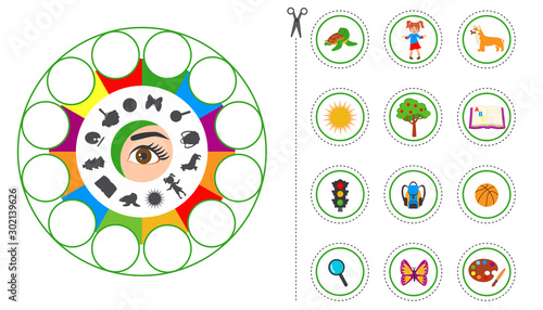 Educational worksheet for kids. Game for Kids to Compare and Connect Objects and Shadows. The picture of senses and objects - touch, taste, hearing, sight, smell