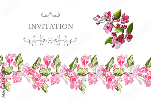 Horizontal  template for invitation or greeting card with colored  blossoming branch of apple tree flowers  and endless brush. Hand made lino cut and hand drawn sketch. Vector illustration.