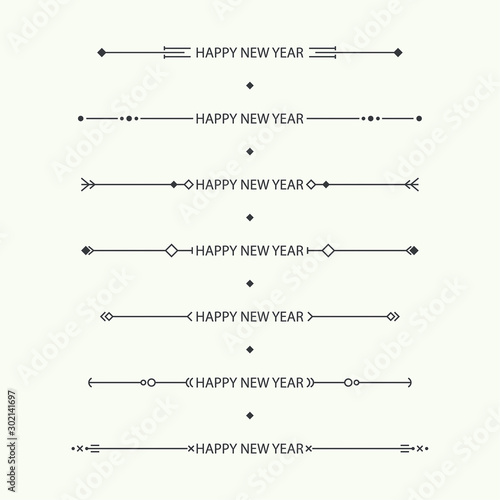Dividers vector set isolated. Geometric horizontal modern hipster line with phrase happy new year. Collection of decorative page rules. Separation select text.