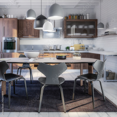 Modern Kitchen Area with Dining Room Integration (focused) - 3d visualization © 4th Life Photography