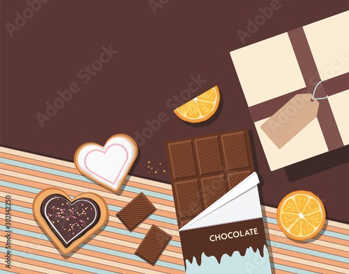 Composition with chocolate, gifts and heart shaped cookies with glaze. Top view. Space for text. Vector Illustration.