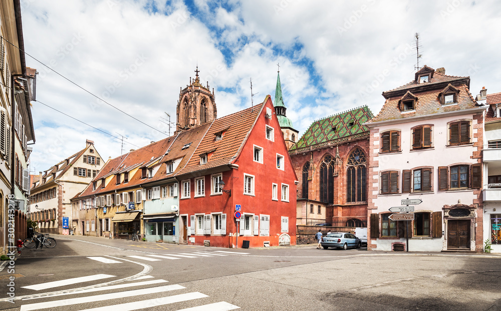 Street with old half-timbered houses in Selestat, Alsace, France