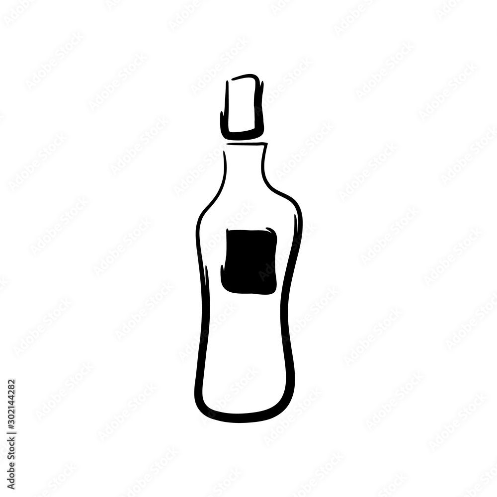 Isolated vector shematic bottle of alcohol. Black curved line illustration