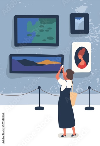 Woman visiting gallery flat vector illustration. Young art lover taking pictures of paintings cartoon characters. Traditional art exhibition, museum exposition. Tourist enjoying classic artworks.