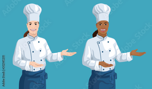 Vector set of two female chefs showing by hand. African American and Caucasian ethnicity young smiling cute cook women. Cartoon style illustration.