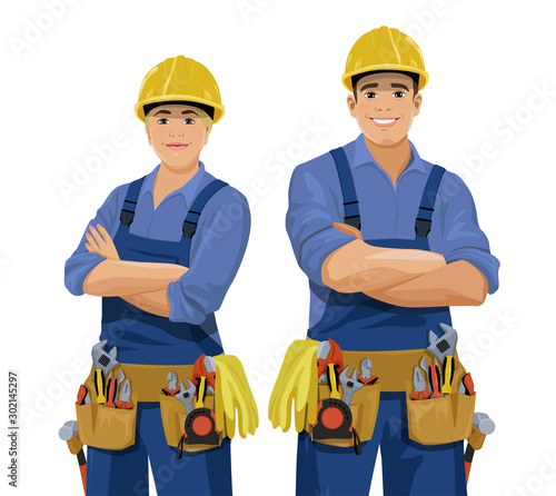 Set of male and female workers with tools. Cartoon smiling work man and woman, builder wearing safety helmet, coveralls and toolbelt. Vector illustration isolated on the white background