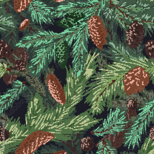 Christmas tree with brown cones hand drawn seamless pattern