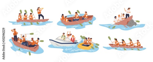 Business team in boat vector illustrations set. Teamwork, stuff cooperation concept. Different situations, joint problem solving. Business partnership metaphor. Boat teams isolated on white background