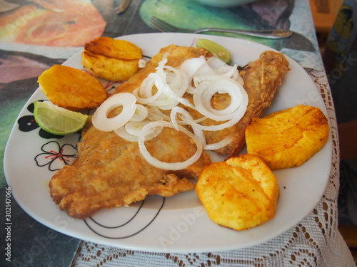 Photography Fried fish with onion slices, a traditional home-style dish of Cuba, Havana, Cub