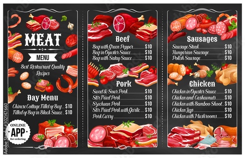 Menu of grilled meat sausages, beef, pork, chicken